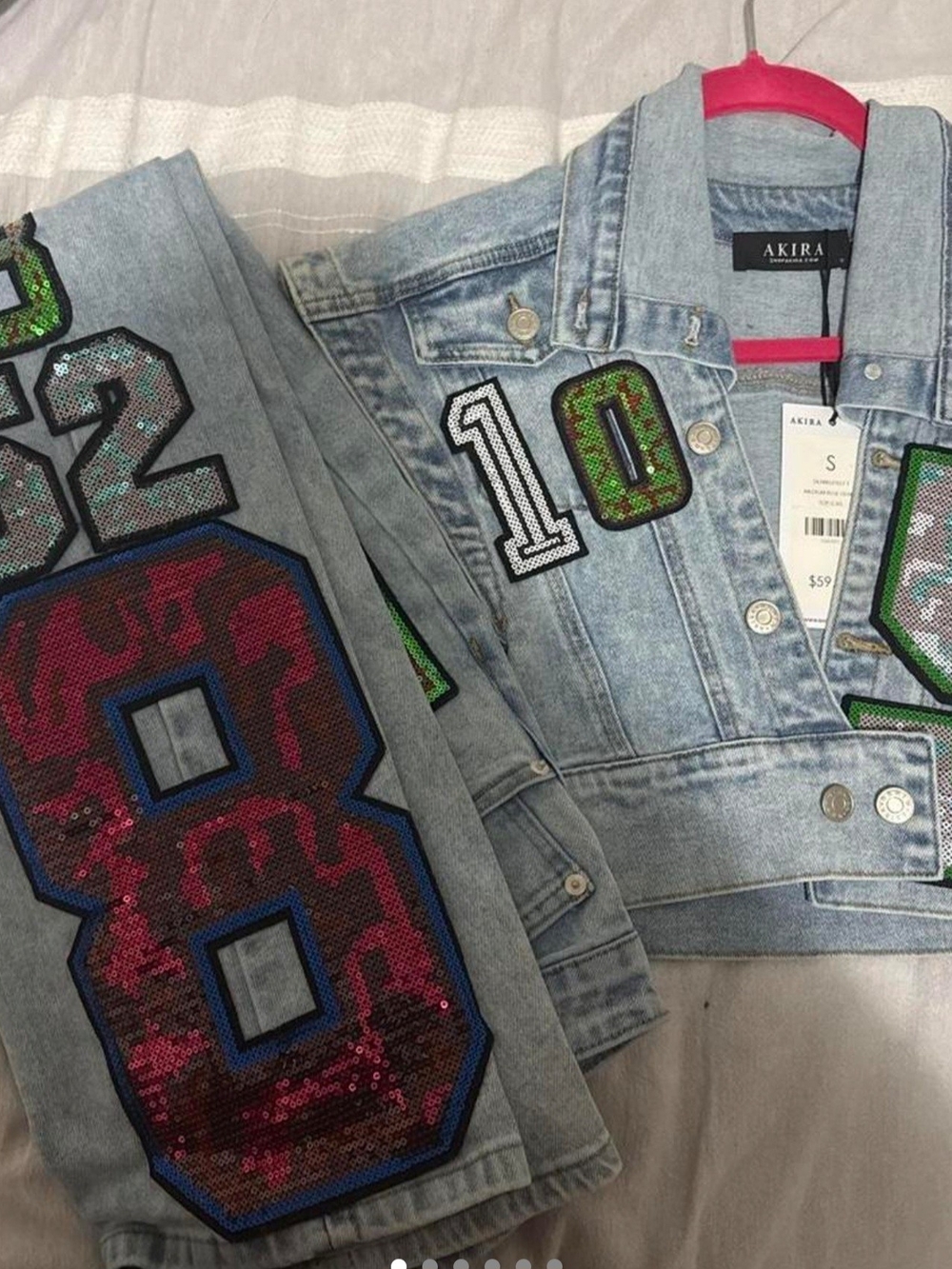 Akira Sequin Appliqué Light Wash Denim Jacket & Matching Pants